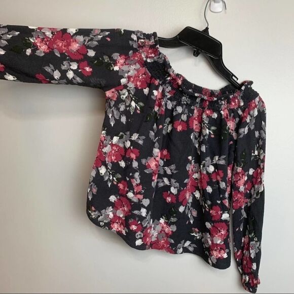 Gray & Pink Floral 3/4 Quarter Sleeve Strapless Off the Shoulder Blouse size M - Picture 2 of 7